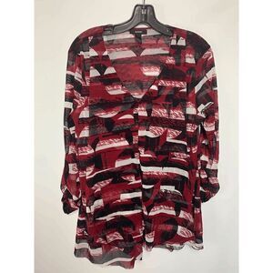 Alfani Women's V-Neck Ruched Sleeve 3-Tone Pullover Blouse Black Red Size Large